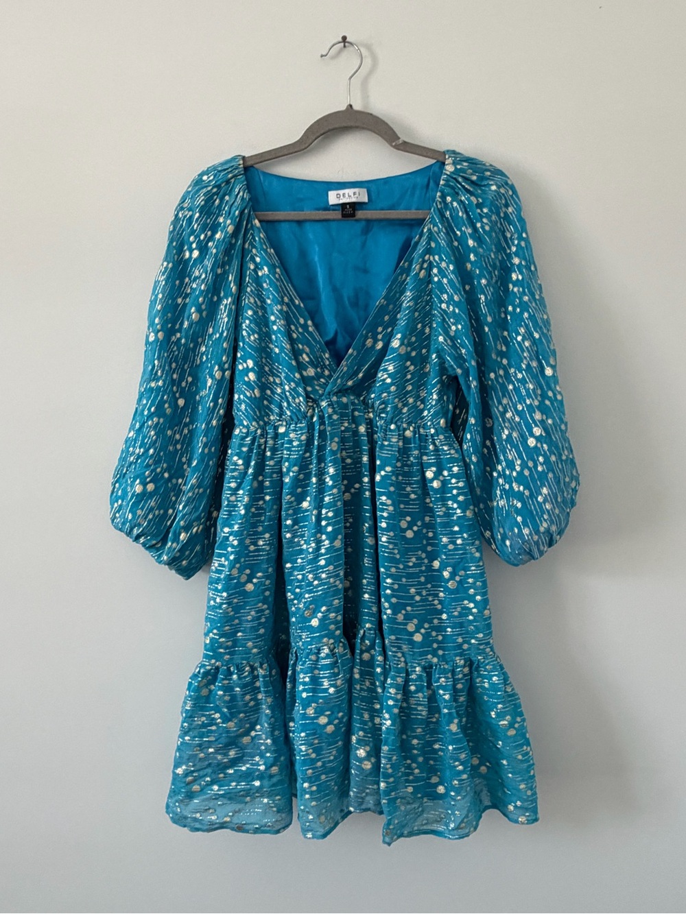 Delfi Collective Turquoise Silver Puffed Long Sleeve V Neck Mini Cocktail Dress